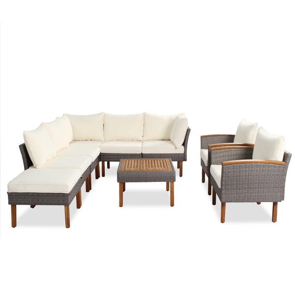 9-piece Patio rattan furniture set with Acacia wooden legs and tabletop sofa set, coffee table washable cushion beige