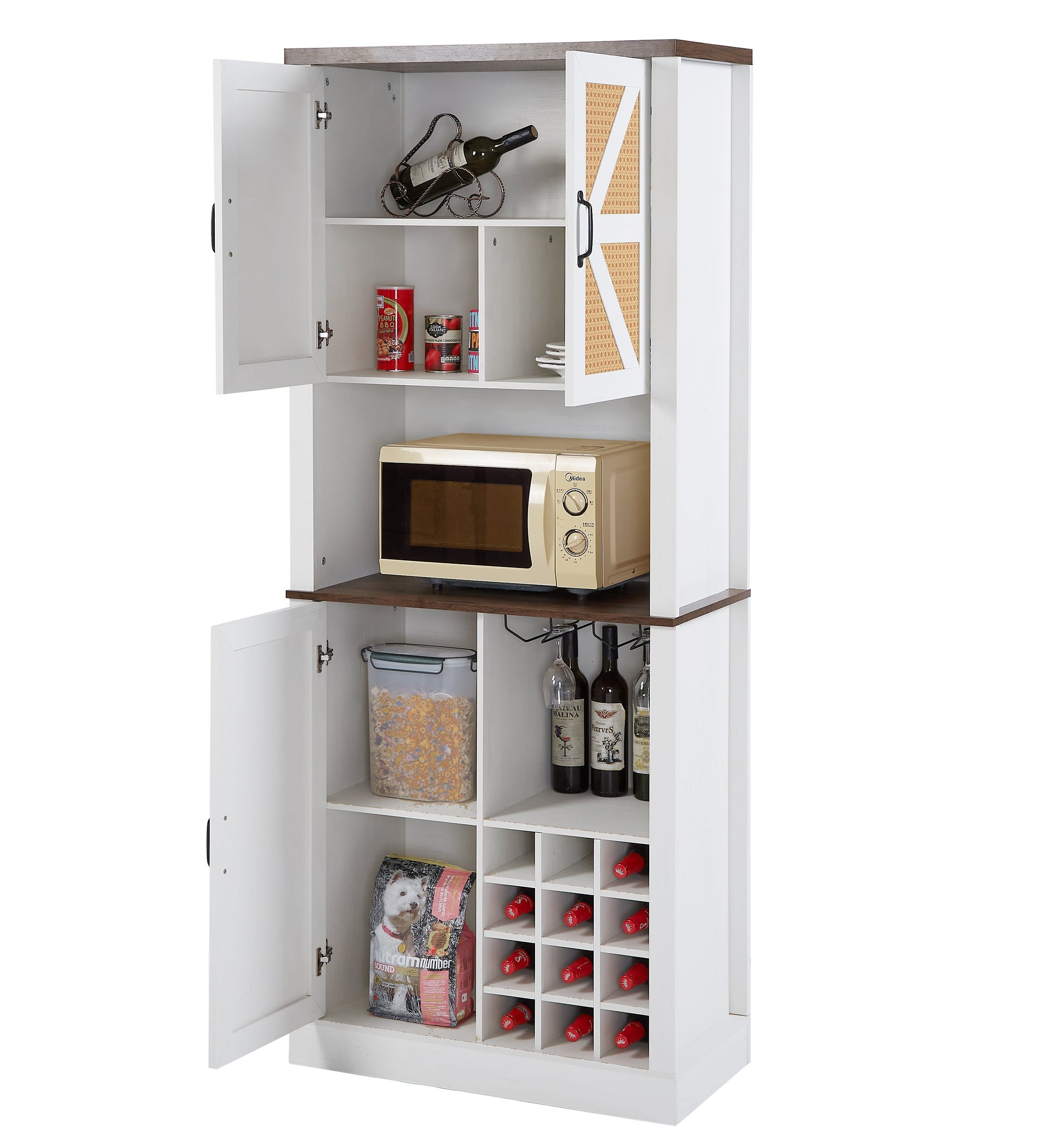 76 Inch Tall Farmhouse Kitchen Faux Rattan Wine Cabinet, Kitchen Bar Cabinet with Square Compartments and Shelves