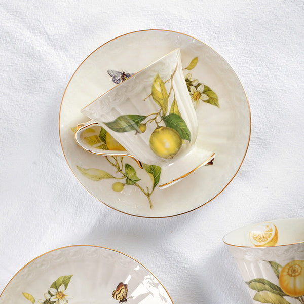 European - style Elegant Lemon Espresso Cups Set: Includes Tea Cups, Saucers, Ceramic Mugs, and a Dessert Plate