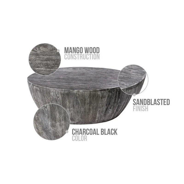 Arthur 36 Inch Farmhouse Style Handcrafted Mango Wood Round Drum Shape Coffee Table - Gifts for You 'n Me