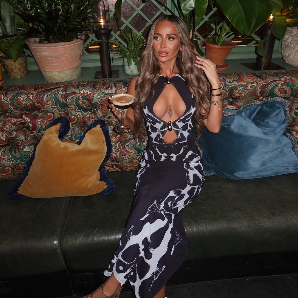 Summer Printed Leopard Pattern Hollow-out Sleeveless Waist-cinched Sexy Dress