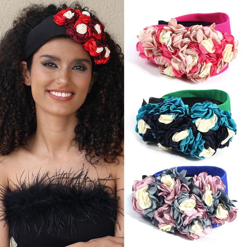 Fashionable design with three-dimensional flower headbands on the side