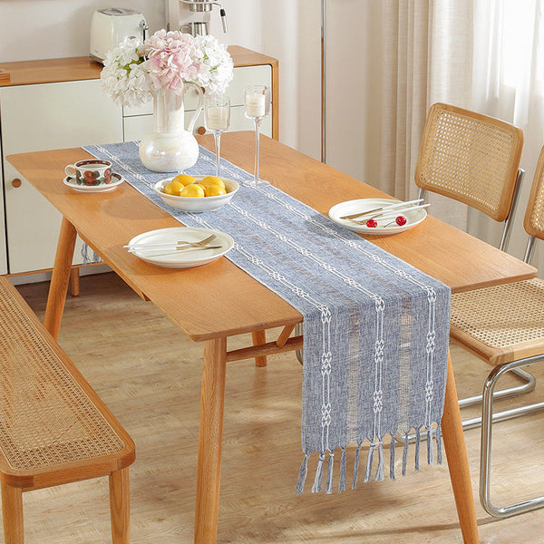 Hand - woven cotton and linen table flag with hollow tassels, suitable for household and rural dining tables