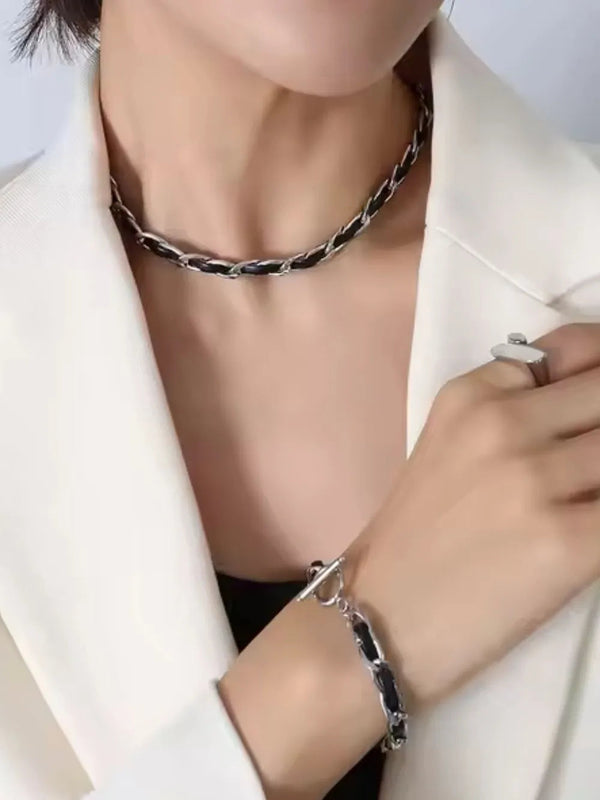 Hip hop design neck chain titanium steel plated 18k real gold leather rope necklace