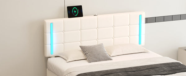 Queen Size Upholstered Bed with LED Lights,Hydraulic Storage System and USB Charging Station,White V.I.P Digital Presence