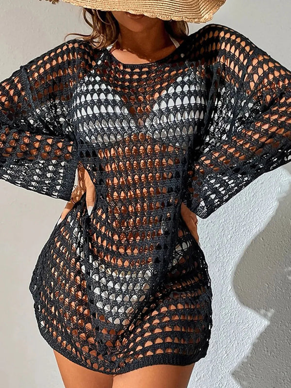 Knitted hollowed out pullover round neck long sleeved bikini swimsuit cover