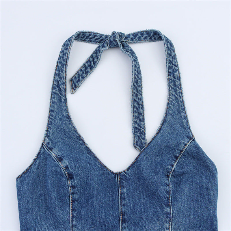Fashionable and Sexy Halter Denim Jumpsuit for Women Style