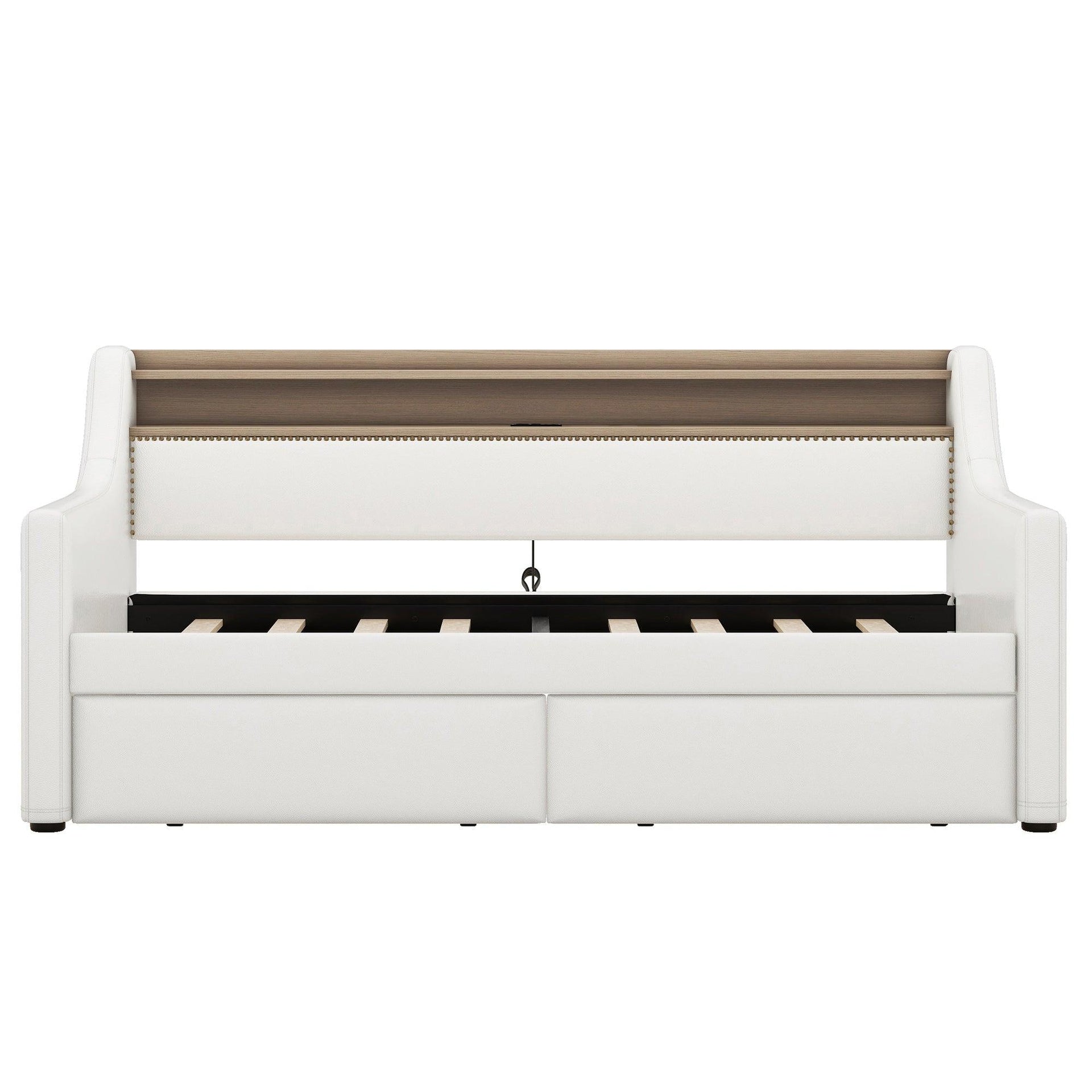 Twin Size Daybed with Drawers, Upholstered Daybed with Charging Station and LED Lights, White