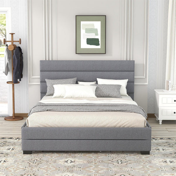 Queen Upholstered Platform Bed with Twin Size Trundle and Two Drawers Grey
