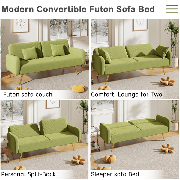 Green convertible futon sofa bed shown in various configurations in a living room setting.