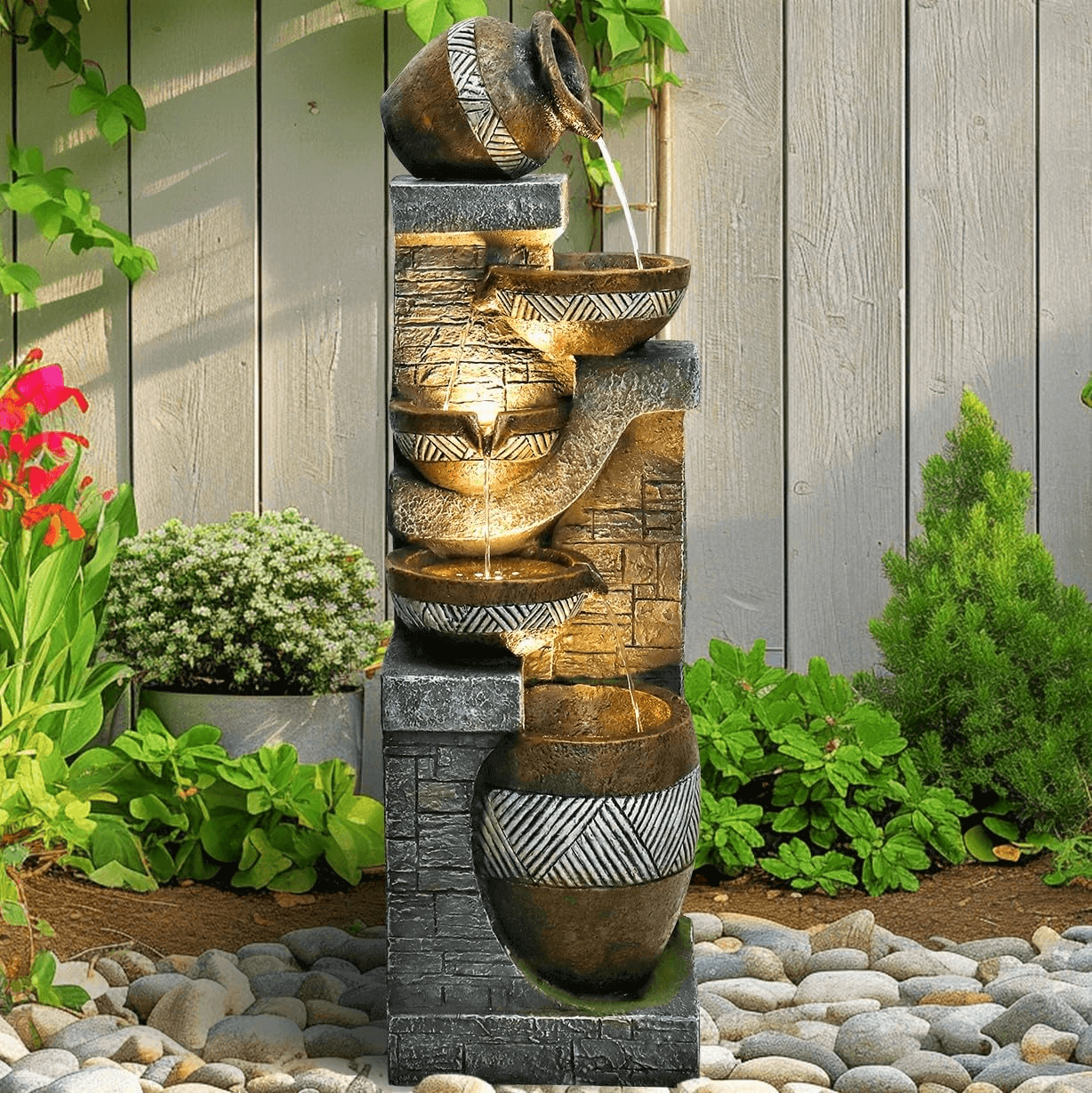 Resin Carved Clay Urn Outdoor Water Fountain 42 Inch
