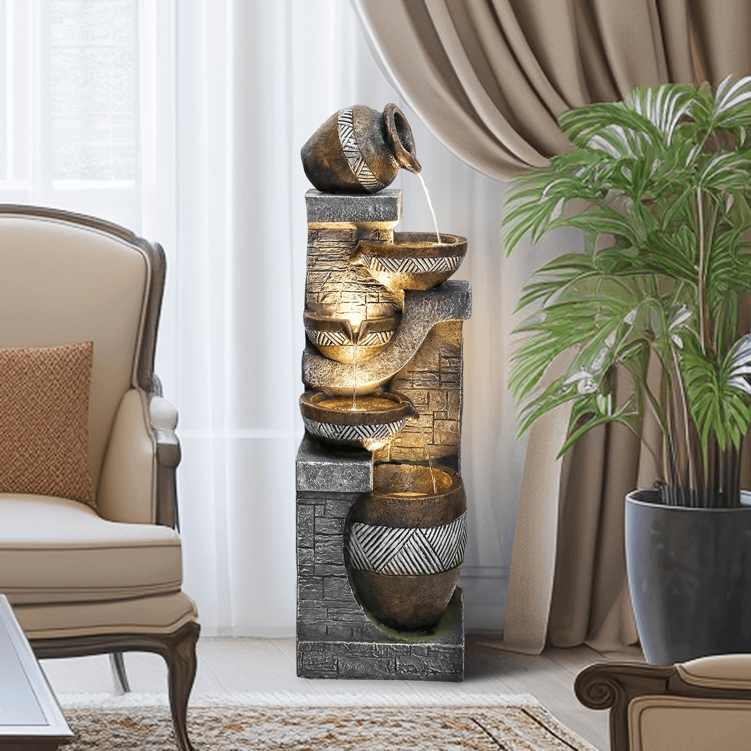 Resin Carved Clay Urn Outdoor Water Fountain 42 Inch