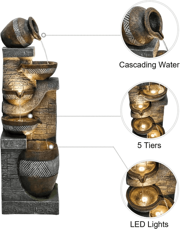 Resin Carved Clay Urn Outdoor Water Fountain 42 Inch