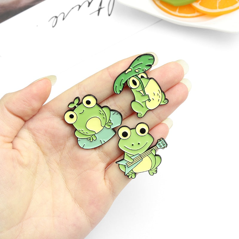 Quack Quack Enamel Pin Custom Frog Lotus Leaf Brooches Bag Lapel Pin Cartoon Animal Badge Jewelry Gift for Kids Friends