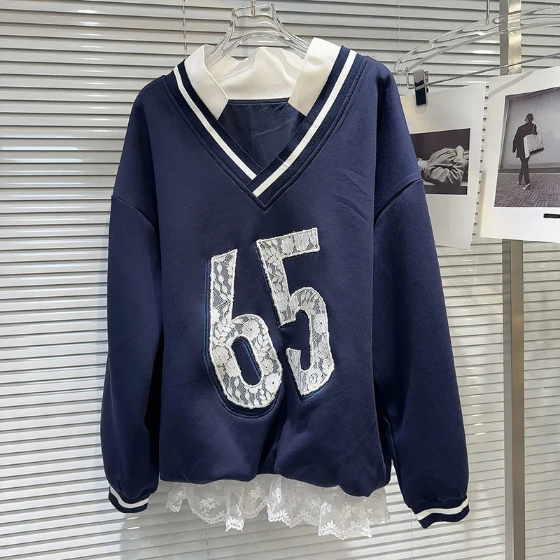 Autumn New Fashion Women's Set V-neck Digital Pattern Embroidered Hoodie Elastic Waist Lace Edge Shorts