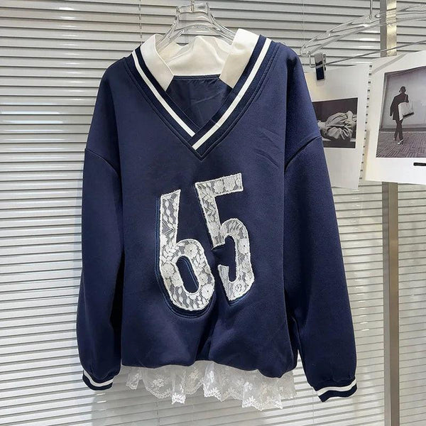 Autumn New Fashion Women's Set V-neck Digital Pattern Embroidered Hoodie Elastic Waist Lace Edge Shorts