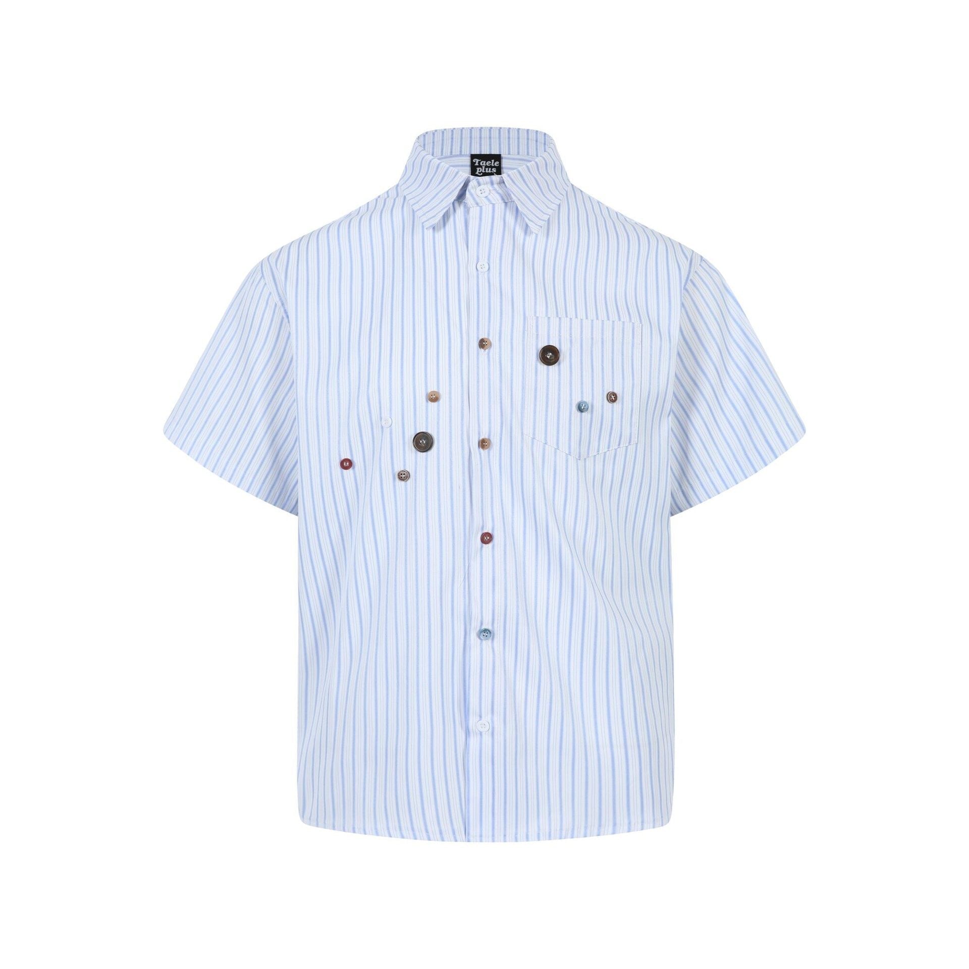 Vertical striped button decoration short sleeved shirt for men
