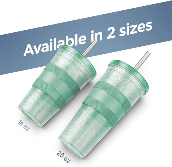 Freezable Iced Coffee Cup with Lid and Straw - Reusable Insulated Ice Tumbler with Grip Sleeve