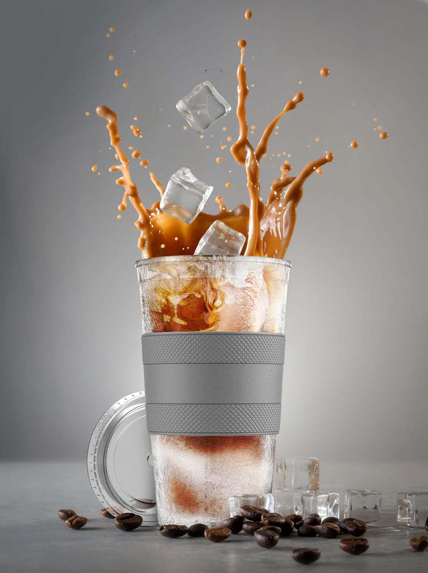 Freezable Iced Coffee Cup with Lid and Straw - Reusable Insulated Ice Tumbler with Grip Sleeve