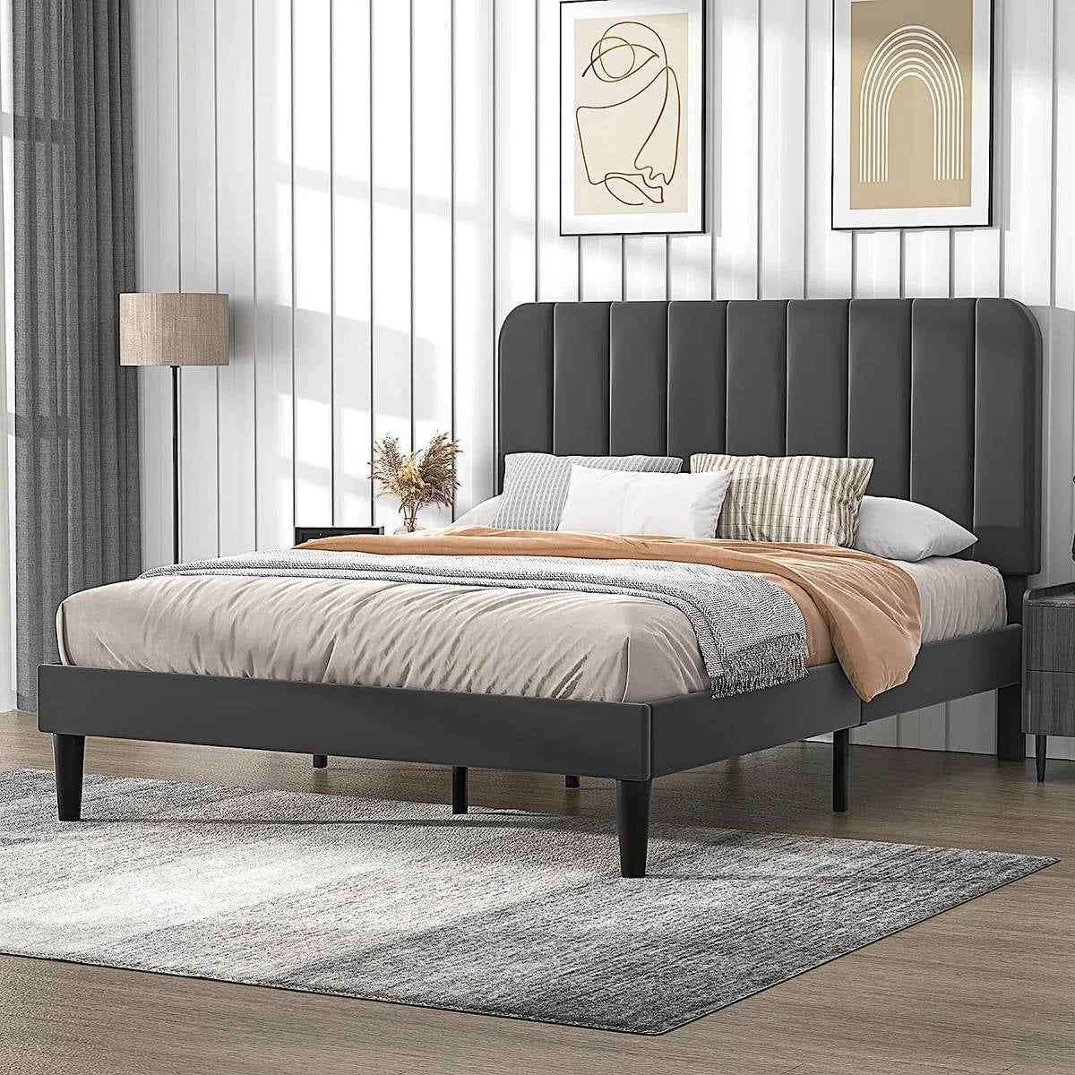 Full size Dark Grey Upholstered Platform Bed Frame with Headboard