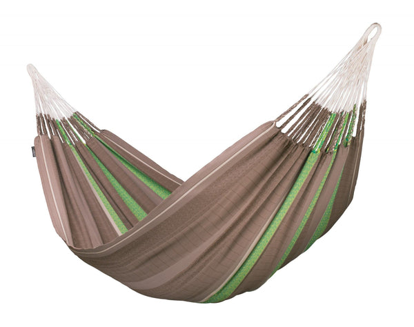 Brown and green hammock on a white background
