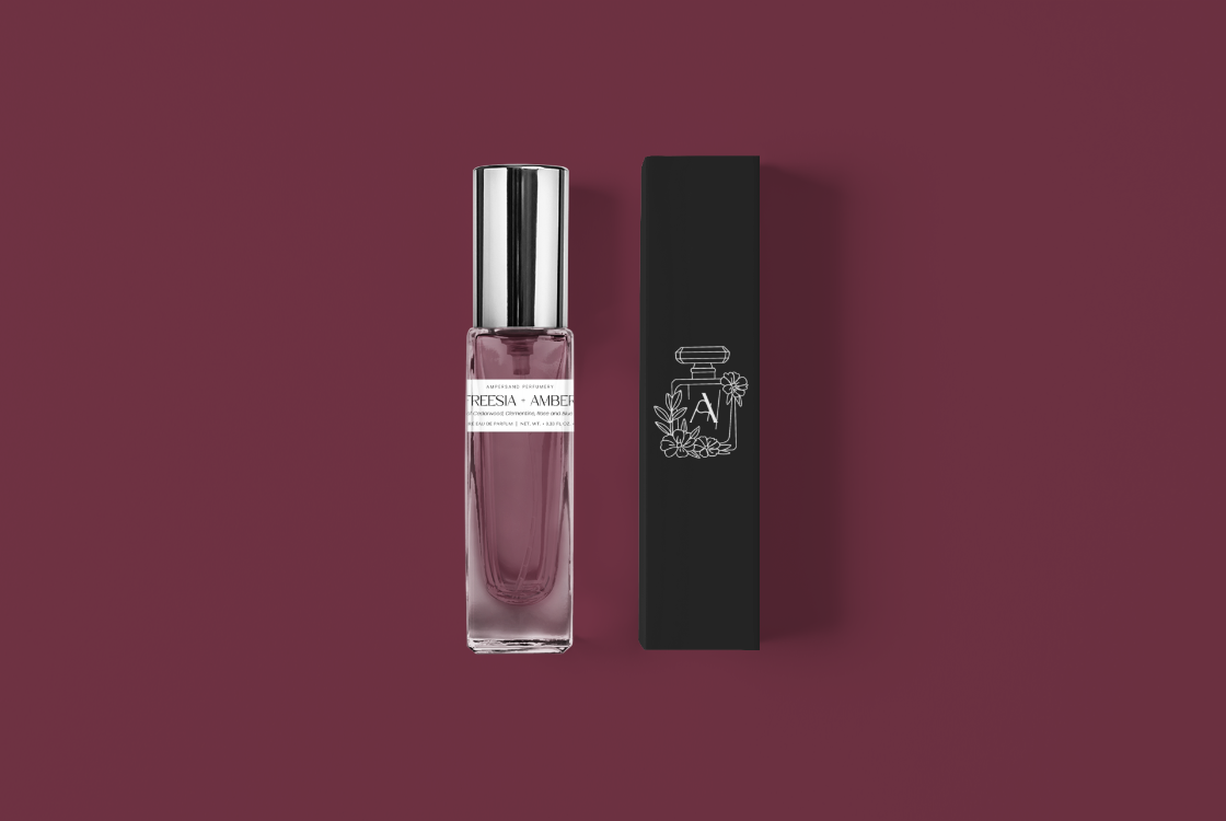 Perfume bottle with black cap and black box on a maroon background