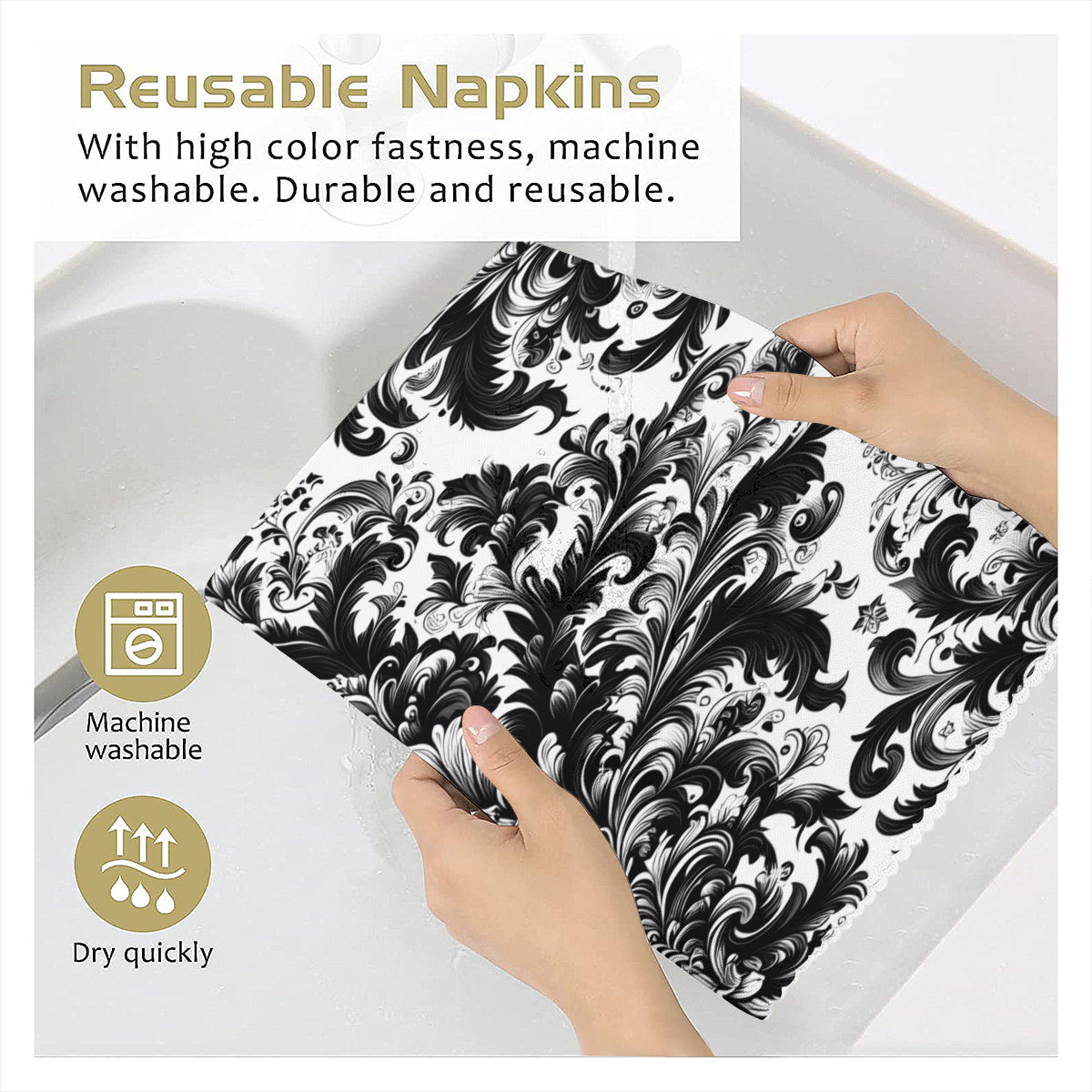 Black and White Damask Cloth Napkins – Elegant Reusable Polyester Table Napkins for Weddings & Events