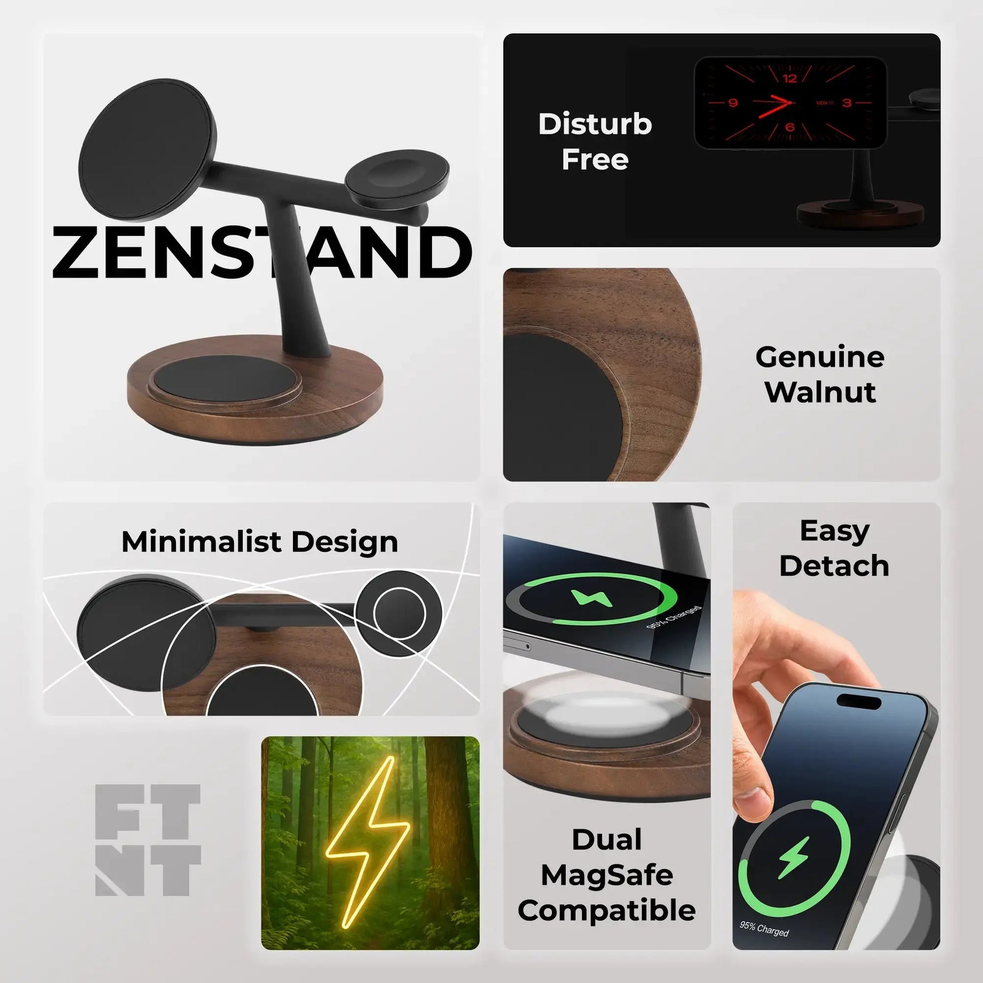 ZenStand 3-in-1 Wood MagSafe-compatible Charging Dock with 30W GaN Adapter