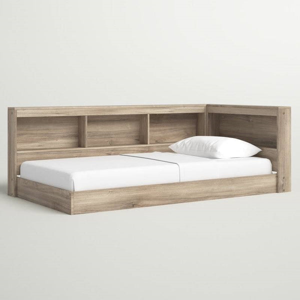 Full size Natural Wood Corner Storage Bed with Bookcase Headboard and USB Ports