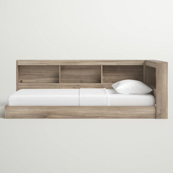 Full size Natural Wood Corner Storage Bed with Bookcase Headboard and USB Ports