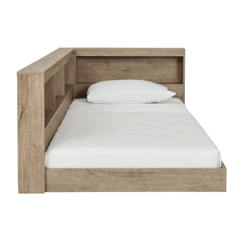 Full size Natural Wood Corner Storage Bed with Bookcase Headboard and USB Ports