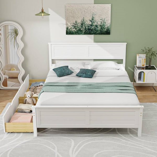 Full Size White Platform Bed Frame with 2 Storage Drawers
