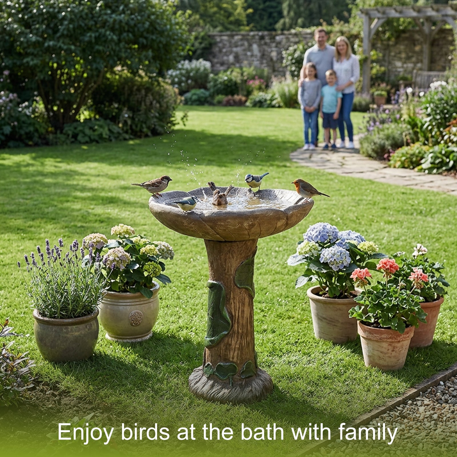 Concrete Rustic Bird Bath Carved Trunk 24 Inch