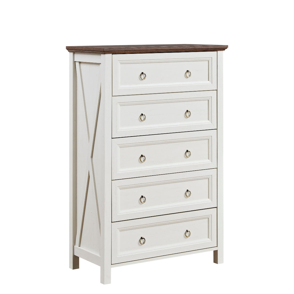 Farmhouse 5 Drawers Dresser Chests for Bedroom with white finish and dark wood top, ideal for rustic bedroom storage furniture.