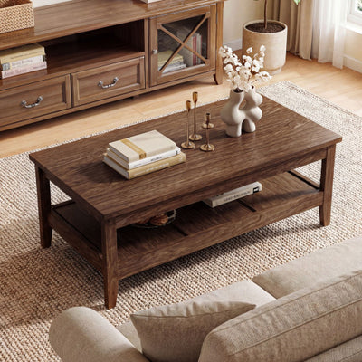 Farmhouse Coffee Table Rustic Cocktail Center Table with Thickened Tabletop-Walnut