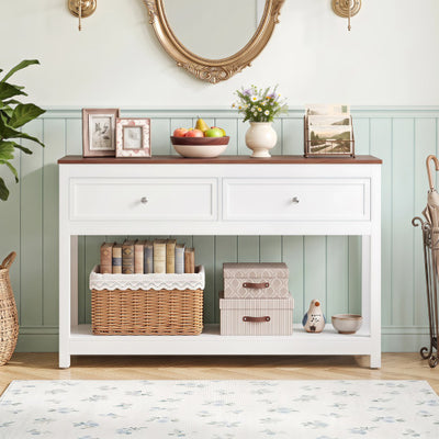Farmhouse Console Table with 2 Drawers & Open Storage Shelf-White