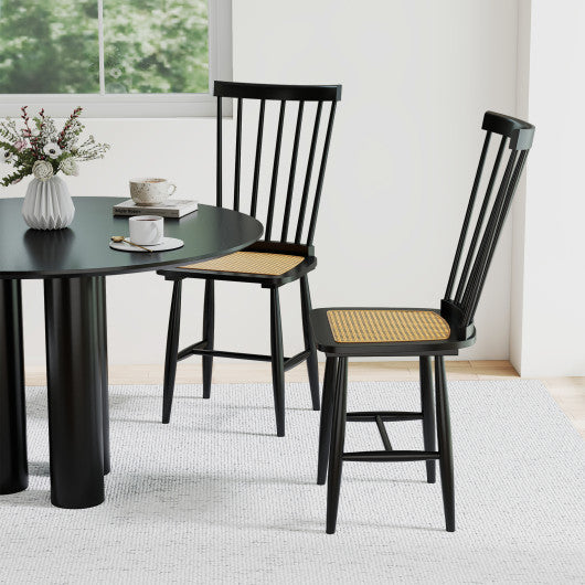 Farmhouse Solid Rubber Wood Dining Chairs Set of 2 with PE Rattan Seats-Black