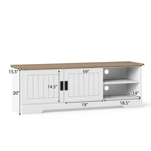 Farmhouse TV Stand for TVs up to 65 Inch with Sliding Doors and Storage Cabinets-White