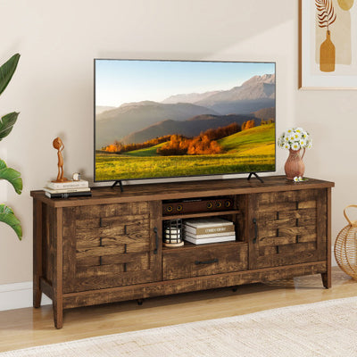 Farmhouse TV Stand for 65 Inch TVs with 2 Woven Accent Doors and 3 Adjustable Shelves-Rustic Brown