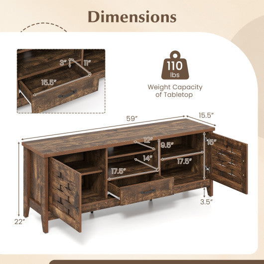 Farmhouse TV Stand for 65 Inch TVs with 2 Woven Accent Doors and 3 Adjustable Shelves-Rustic Brown