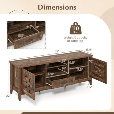 Farmhouse TV Stand for 65 Inch TVs with 2 Woven Accent Doors and 3 Adjustable Shelves-Rustic Brown