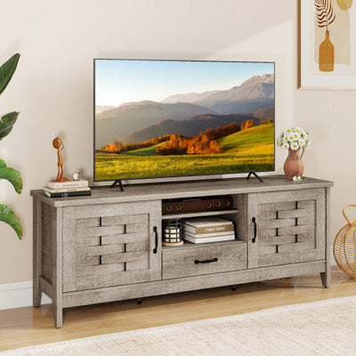 Farmhouse TV Stand for 65 Inch TVs with 2 Woven Accent Doors and 3 Adjustable Shelves-Oak