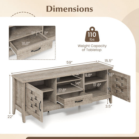 Farmhouse TV Stand for 65 Inch TVs with 2 Woven Accent Doors and 3 Adjustable Shelves-Oak