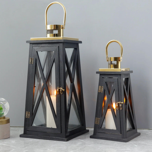 Set of 2-12''&18''H Farmhouse Wooden Lantern(Black Trapezoid)