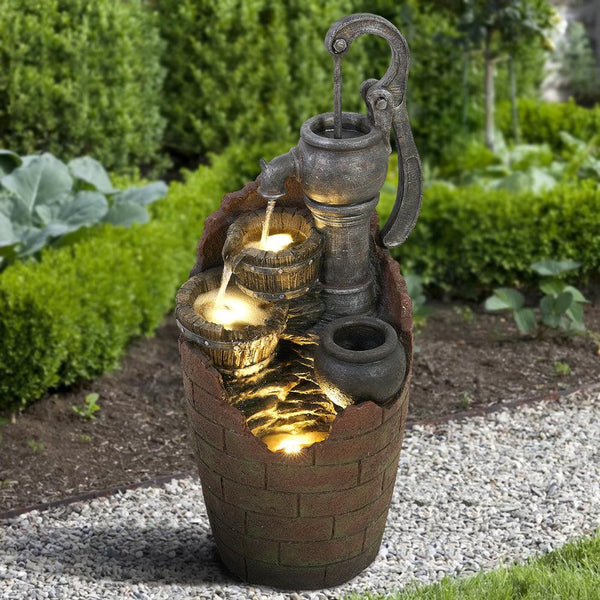 Resin Hand Pump Barrel Farmhouse Outdoor Fountain 32 in