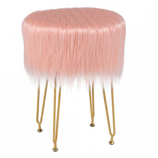 Faux Fur Vanity Stool Chair with Metal Legs for Bedroom and Living Room-Pink