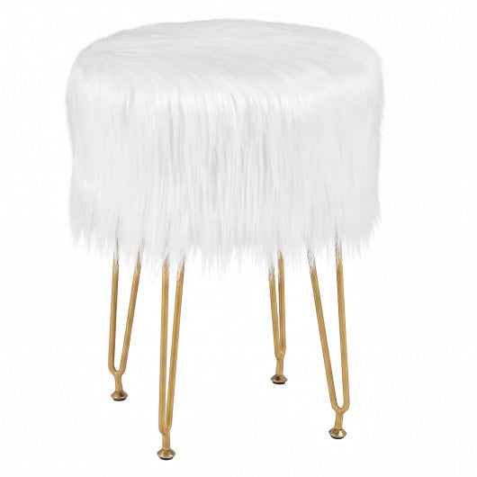 Faux Fur Vanity Stool Chair with Metal Legs for Bedroom and Living Room-White