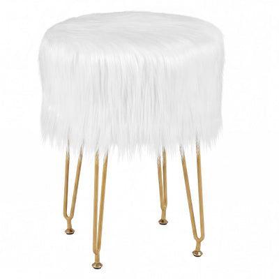 Faux Fur Vanity Stool Chair with Metal Legs for Bedroom and Living Room-White