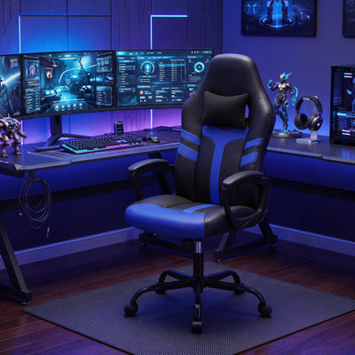Faux Leather Upholstered Office Chair with Removable Head Pillow and Rocking Function-Blue