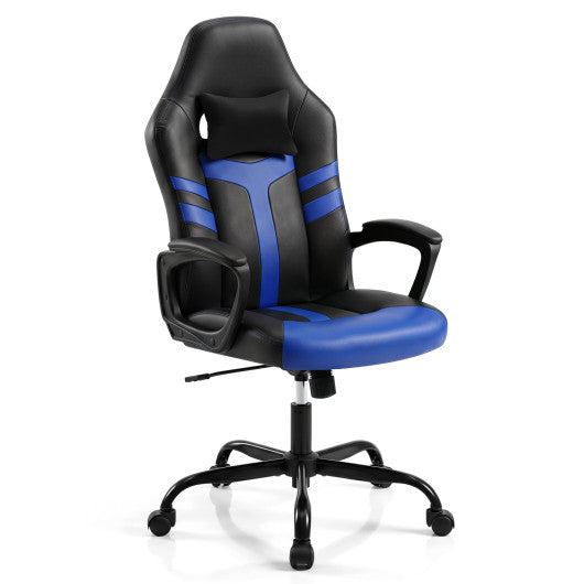 Faux Leather Upholstered Office Chair with Removable Head Pillow and Rocking Function-Blue